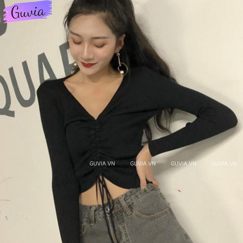 Áo Croptop Tay Dài Cổ Tim Rút Dây Kiểu Nữ Ôm Body Sexy Ulzzang GUVIA