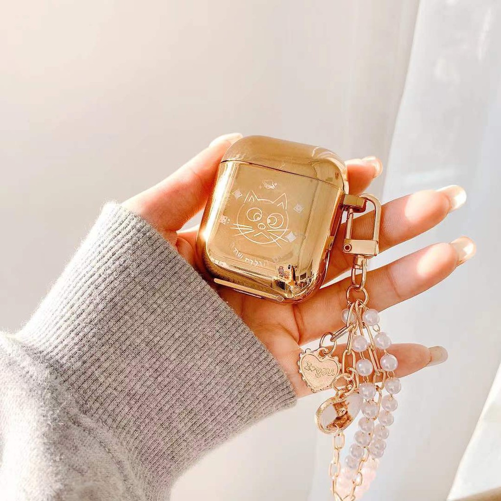 Vỏ Bảo Vệ Hộp Sạc Tai Nghe AirPods 1 2 Pro Không Dây Chất Liệu Mềm Đính Ngọc Trai Mạ Vàng Hình Gấu Mèo Dễ Thương Ốp