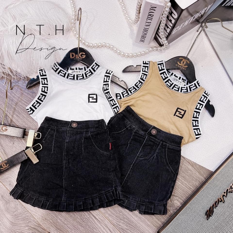 [9-32kg] Set áo váy jean hoạ tiết Fendi cực chất cho bé gái