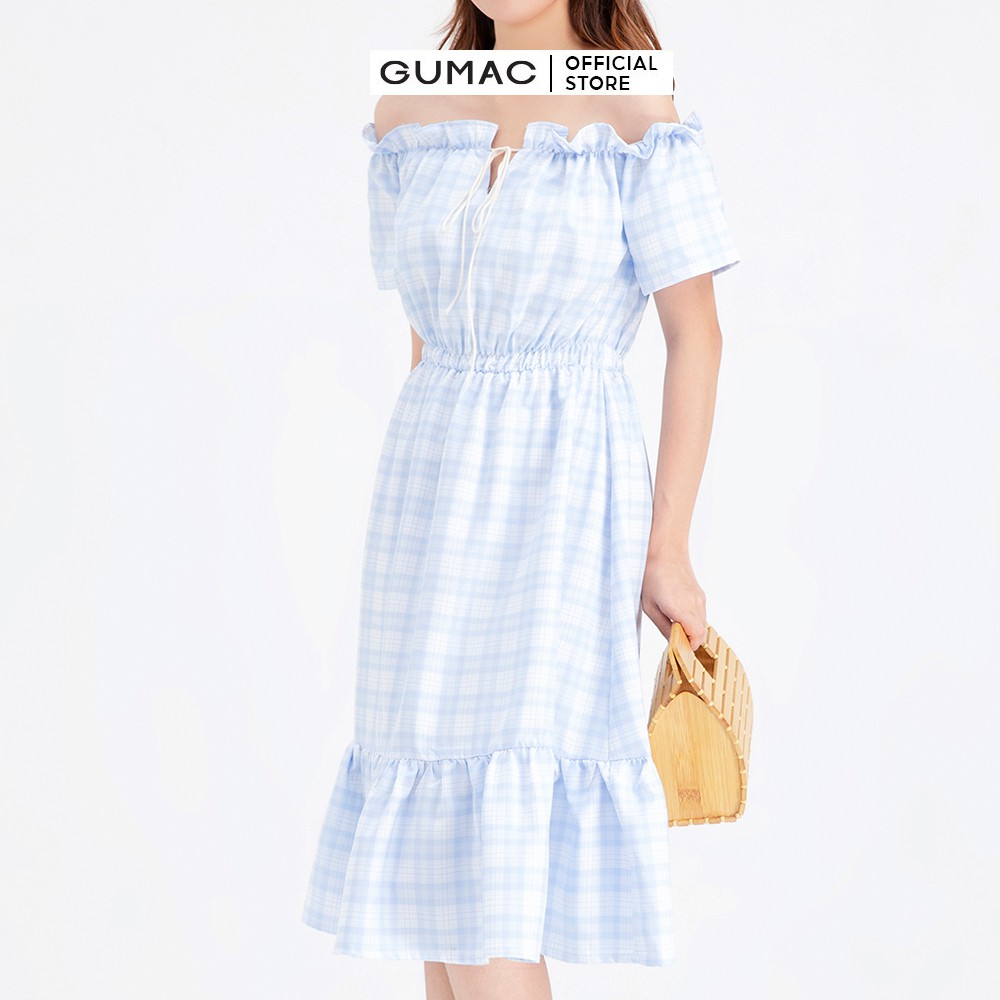 [Mã MABR07062 giảm 8% tối đa 50K đơn từ 249K] Đầm xòe nữ trễ vai caro GUMAC DB691 | BigBuy360 - bigbuy360.vn