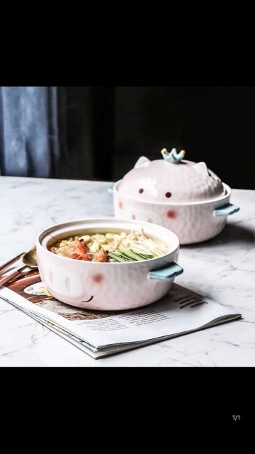 Bát ăn mì gốm sứ cute hình heo hồng, gấu nâu