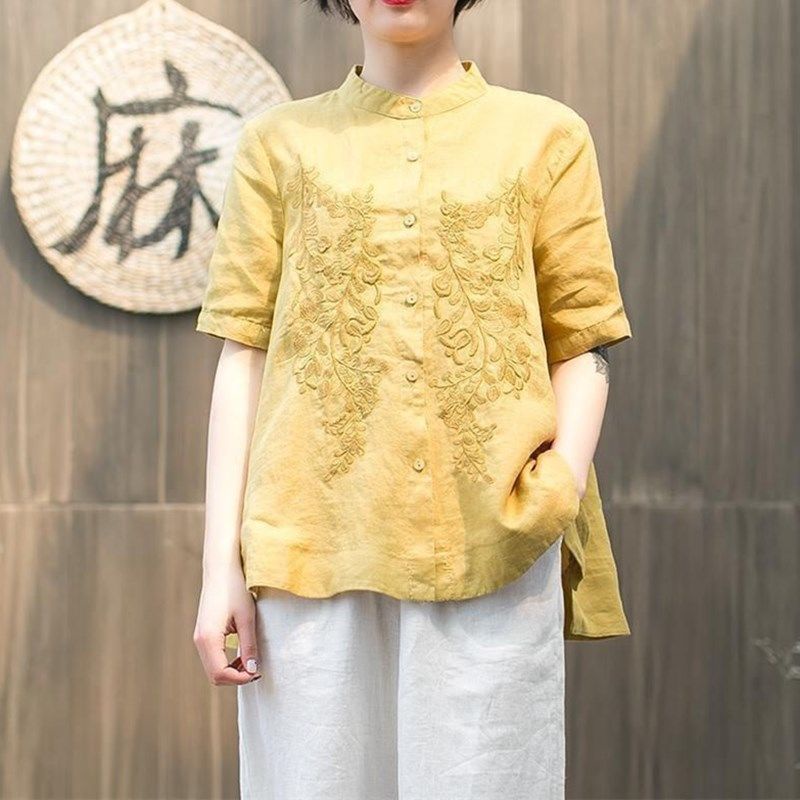 Áo Sơ Mi Cotton Cổ Đứng Tay Ngắn Dáng Rộng Thêu Họa Tiết Xinh Xắn Thời Trang Cho Nữ