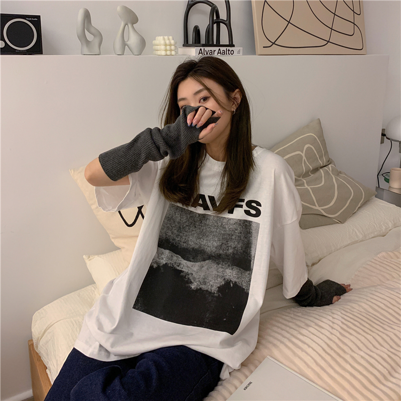 SUXI Korean Oversized T-shirt Medium Length Loose Shirt Top Multicolor Print Short Sleeve Women's T-shirt