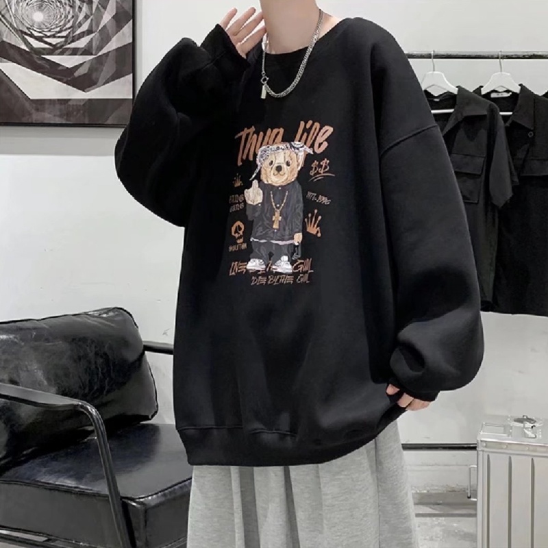 Áo sweater tay dài cổ tròn dáng rộng in họa tiết gấu hoạt hình phong cách Nhật Bản thời trang thu đông cho nam và nữ size M-5XL