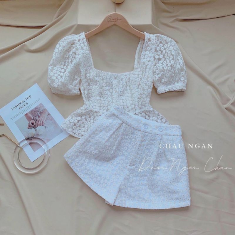 SET TAY PHỒNG PEPLUM VẢI REN THÊU HOA NHÍSỉ