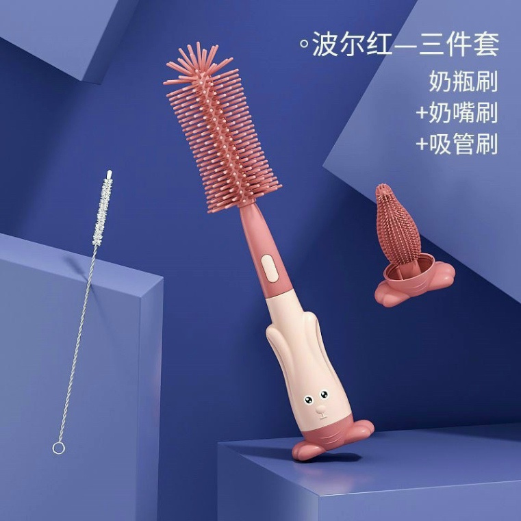 Cọ rửa bình sữa silicon cán hình tai thỏFREESHIPCây cọ ly cốc 3 chi tiết xoay 360 độ mẫu gấp gọn