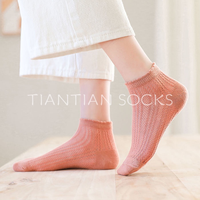 TIAN TIAN T161 Vớ tất ngắn cổ Cotton Cổ Thuyền Thoáng Khí Mỏng Nhẹ Màu Trơn Chống Trượt Dễ Phối Đồ Thời Trang Mùa Hè Phong Cách Nhật Bản Cho Nữ