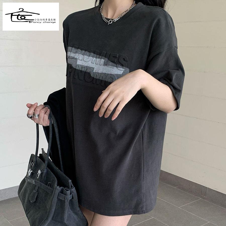 Áo Thun Tay Ngắn Dáng Rộng In Chữ Màu Xám Đậm Thời Trang Mùa Hè Hàng Mới Dành Cho Bạn Nữ 2022