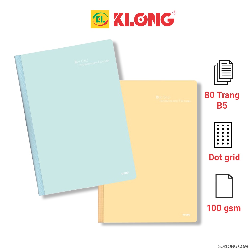 Vở may dán  gáy Klong bìa Pastel B5 [Chọn Màu] 80 trang Dot grid MS 837