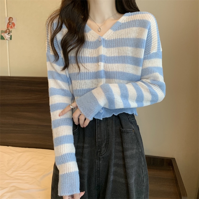 SUXI Áo Khoác Cardigan Dệt Kim Mỏng Dáng Rộng Họa Tiết Kẻ Sọc Thời Trang Cho Nữ