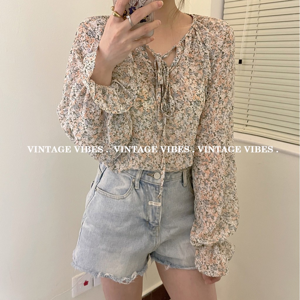 Áo babydoll hoa nhí vintage tay bèo tiểu thư Ulzzang - Hàng QC