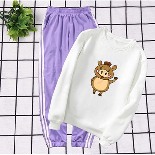 Sét Bộ Đồ Nữ Xinh Cute Thu Đông Đẹp Giá Rẻ, Áo Da Cá Dài Tay In 3D Bò Nâu Bụng Vàng Kèm Quần Thun Bo Chun Gấu