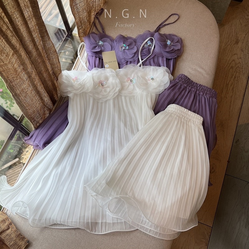 Sét hai dây xếp li đính hoa đá