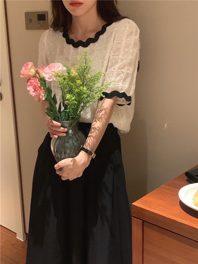 Áo Voan Cổ Tròn Phối Ren Ngắn Tay Thời Trang Hàn Quốc Sành Điệu 53884