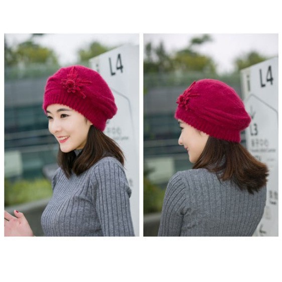 [QUẢNG CHÂU_TRỢ SHIP ĐƠN 50K] Mũ len, nón len xếp ly đính hoa A021 mềm mại, 2 lớp, lót lông, ấm ấp, dùng quanh năm