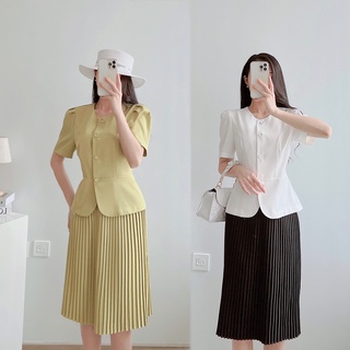 Set Váy Ký Giả Công Sở Xếp Ly Áo Cổ Đức Cài Nơ Hoa , Thiết Kế Tôn Dáng Váy Xếp Ly Sang Xịn Mịn, Bộ Đồ Công Sở