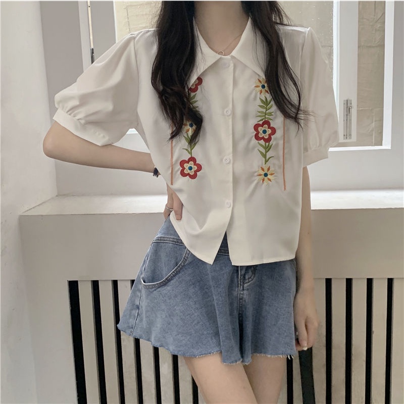 Áo Sơ Mi Tay Phồng Ngắn Dáng Rộng Thêu Hoa Thời Trang Mùa Hè Mới Cho Nữ