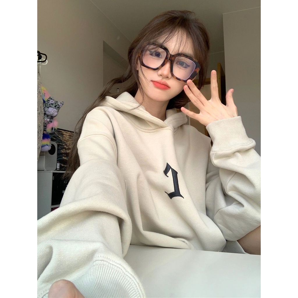 Áo hoodie form rộng dày 2022, hoodie form rộng nữ nỉ bông màu be mũ 2 lớp