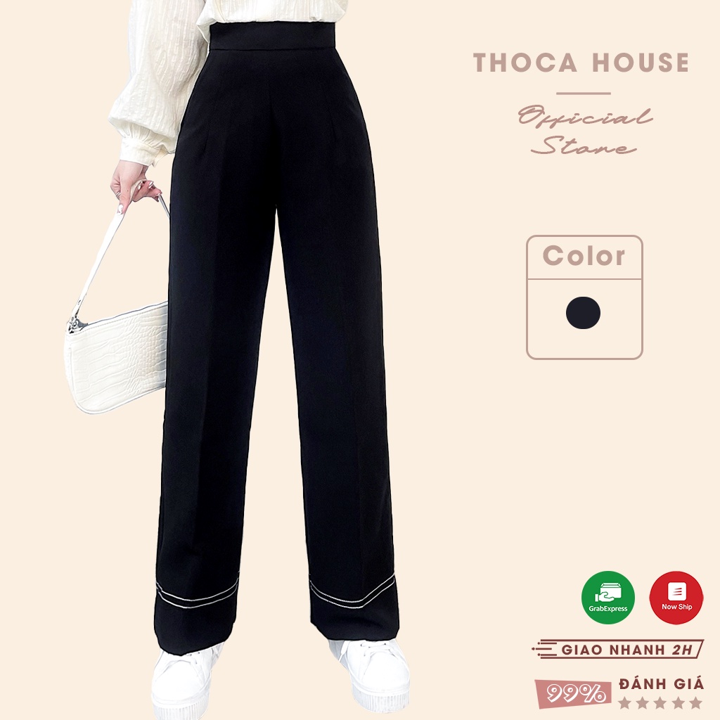 Quần ống rộng đen viền chỉ kem THOCA HOUSE tôn dáng dễ phối đồ phù hợp đi học, đi làm, đi chơi