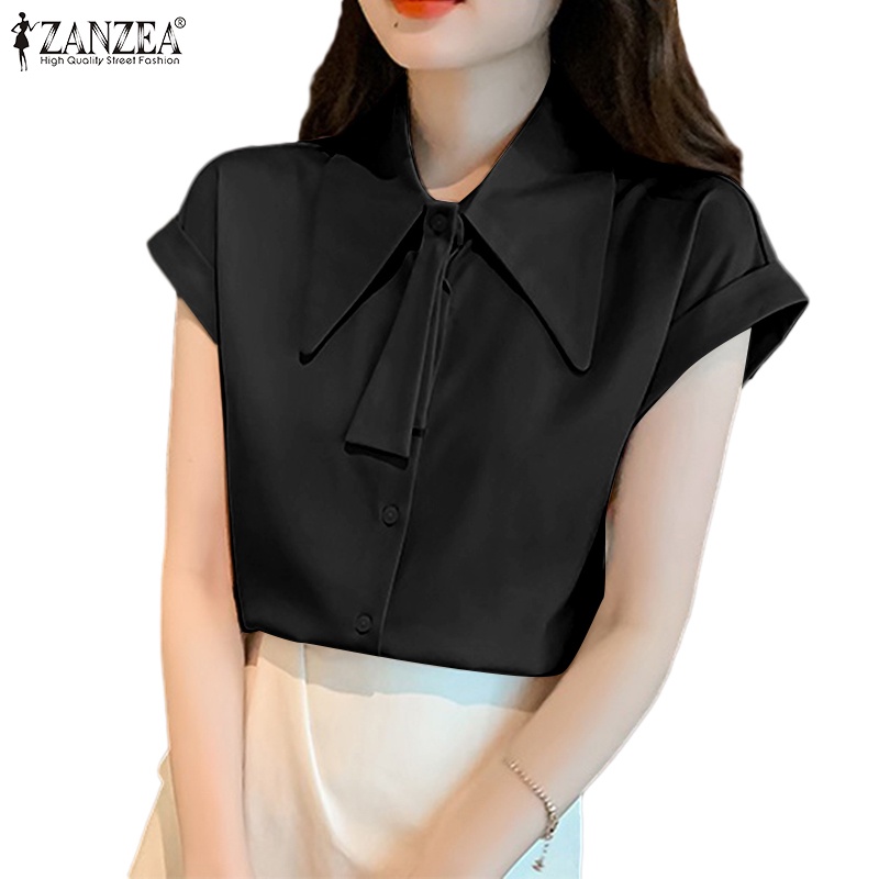 ZANZEA Áo Sơ Mi Tay Ngắn Dáng Rộng Thắt Cà Vạt Thời Trang Cho Nữ
