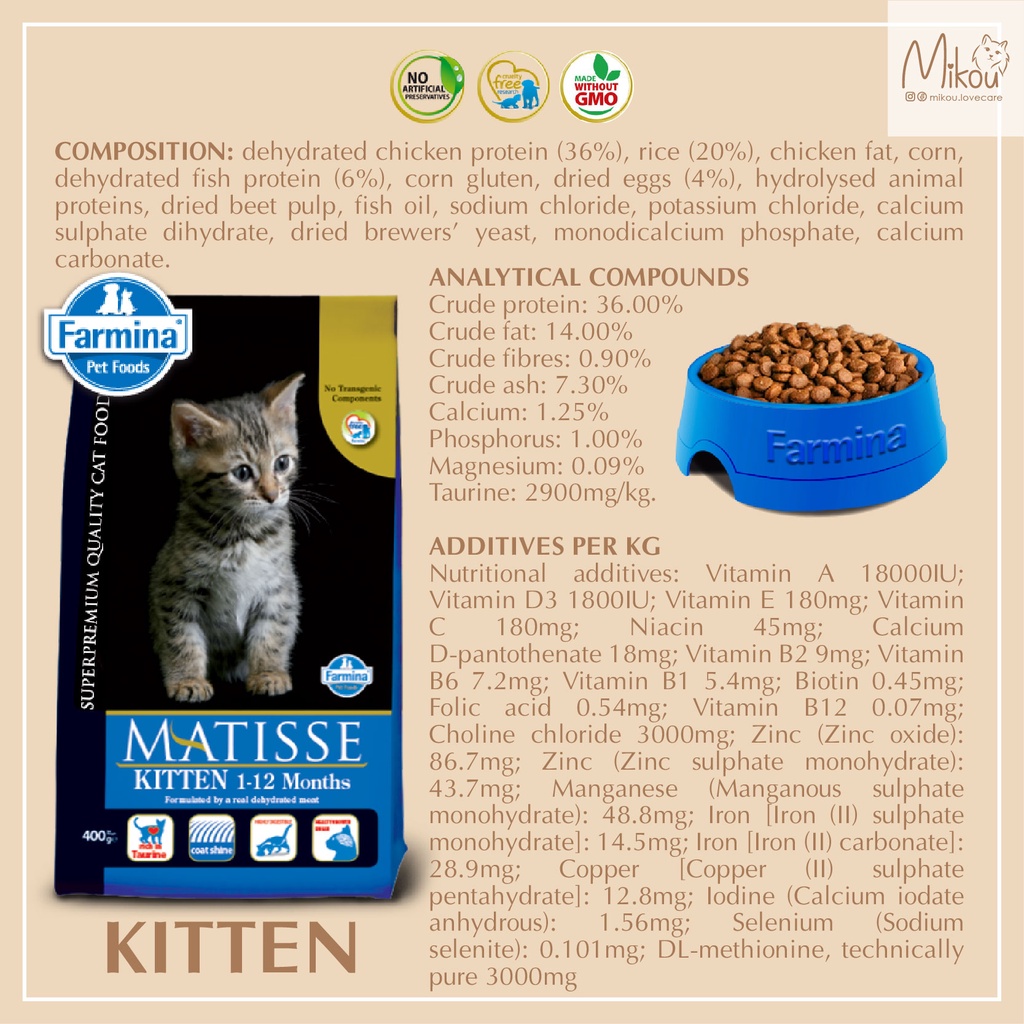 1kg matisse kitten, Hạt cho mèo con, mèo mang thai, mèo cho con bú, thức ăn cho mèo, Farmina, Mikou shop
