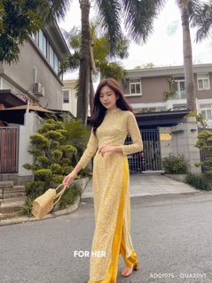 Áo dài hoa nhí vàng chất tơ hoa mỏng nhẹ có lót ngực kèm quần vàng ÁO DÀI BẢO HIẾU