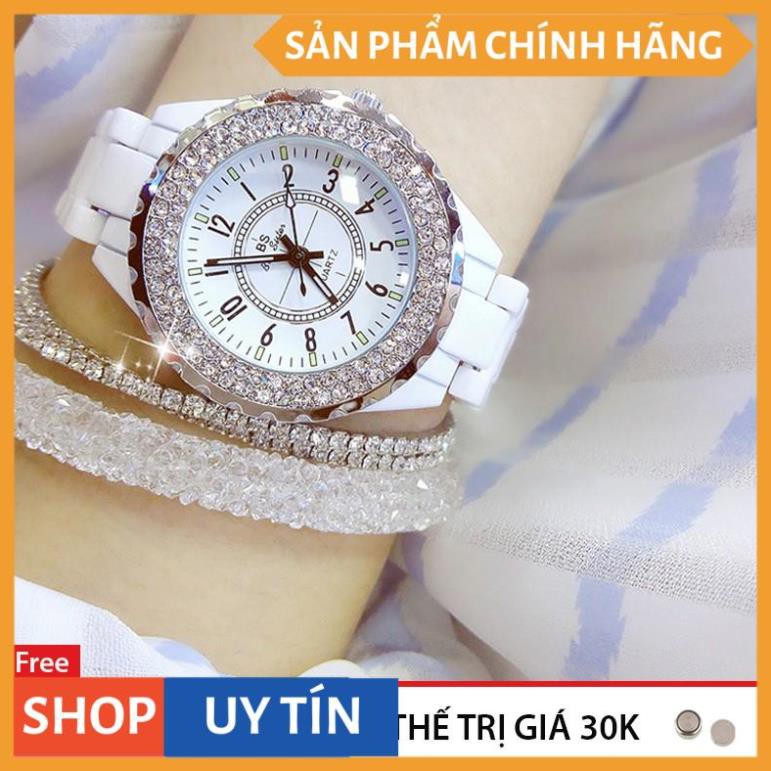 [SIÊU LUNG LINH] Đồng hồ nữ Bee Sister 0280 Full Viền Đá Xoay - dây sứ độc lạ - size 30mm