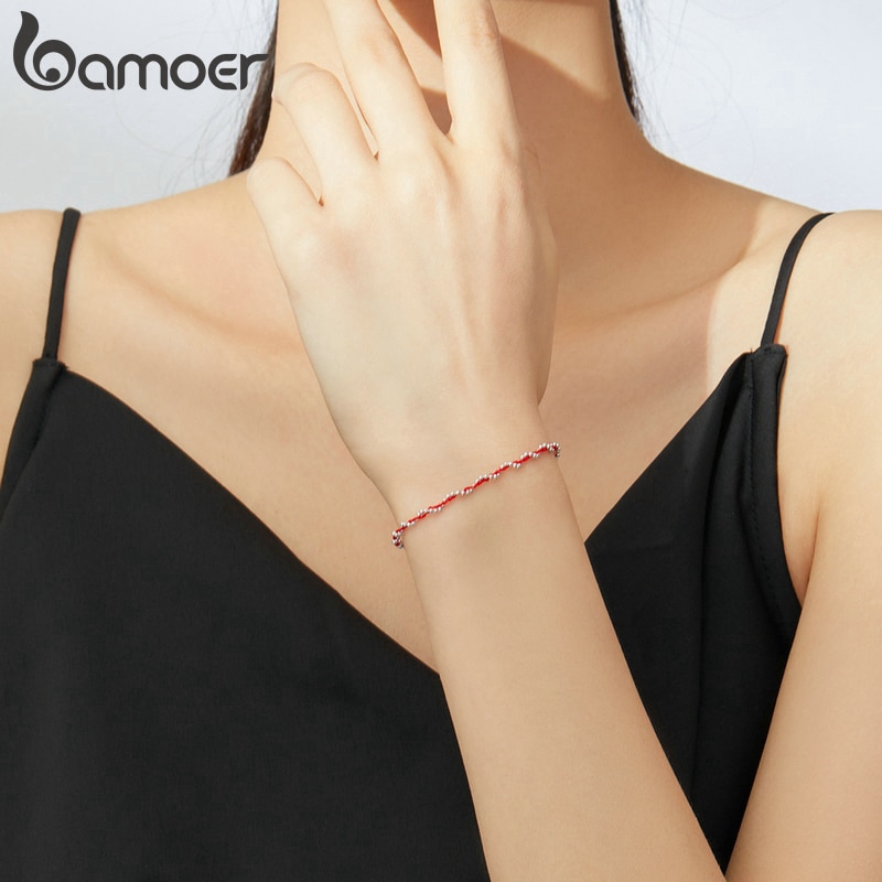 Bamoer Vòng Đeo Tay Xỏ Hạt Bạc 925 Màu Đen Và Đỏ Thời Trang Cho Nữ Làm Quà Tặng Bạn Bè SCB173