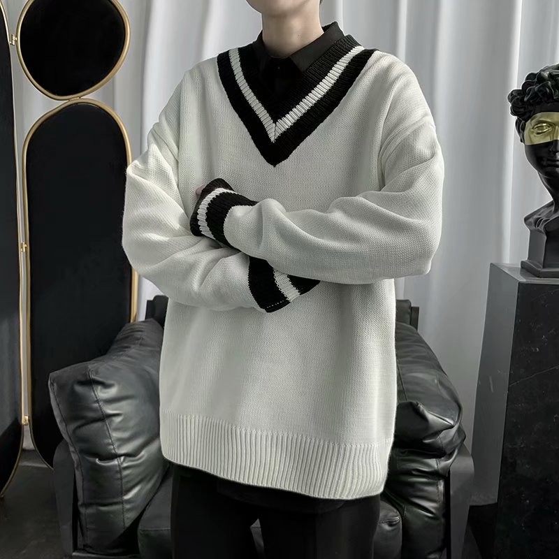 Áo  len cổ chữ v phong cách hàn quốc cho nam áo sweater fashion from rộng màu đặc v cổ áo áo cardigan simple trắng splice trang chủ