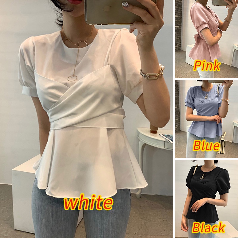 Áo kiểu Zanzea tay ngắn cổ tròn cột nơ lưng sau thời trang Hàn Quốc cho nữ