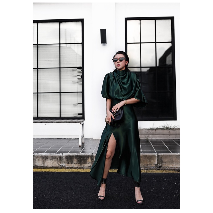 Váy đầm nữ lụa satin cao cấp thiết kế xẻ tà Gemmi fashion, DK8441