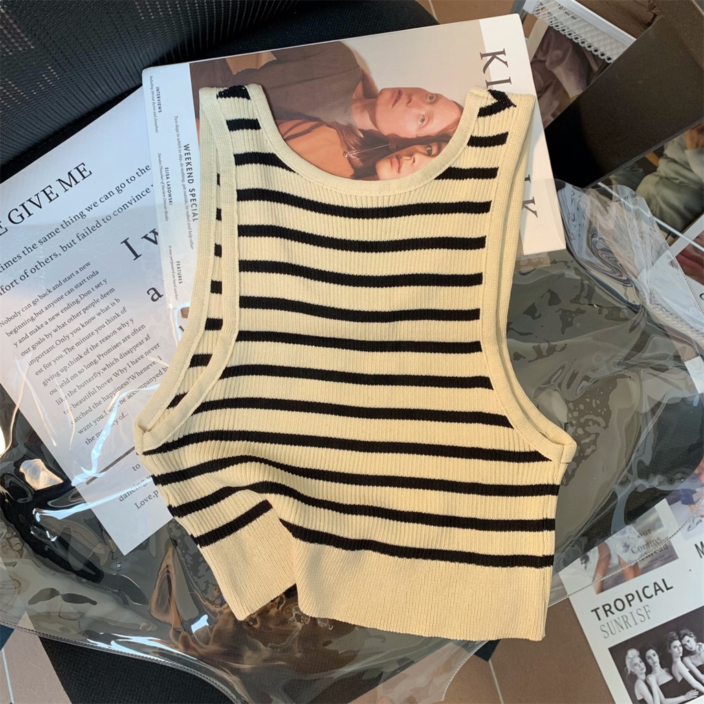 （hàng sẵn giao ngay）Aó Len Ba Lỗ Dệt Kim Sát Nách Kẻ Sọc Thời Trang Quyến Rũ Cho Nữ