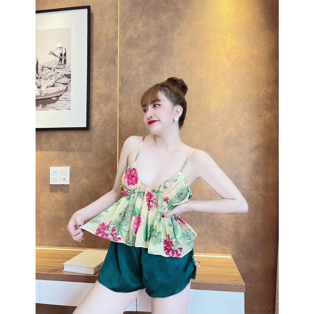 Váy Ngủ Nữ, Đồ Ngủ Sexy Nữ Bộ Satin Nhún Bèo Ngực Freesize Dưới 75kg