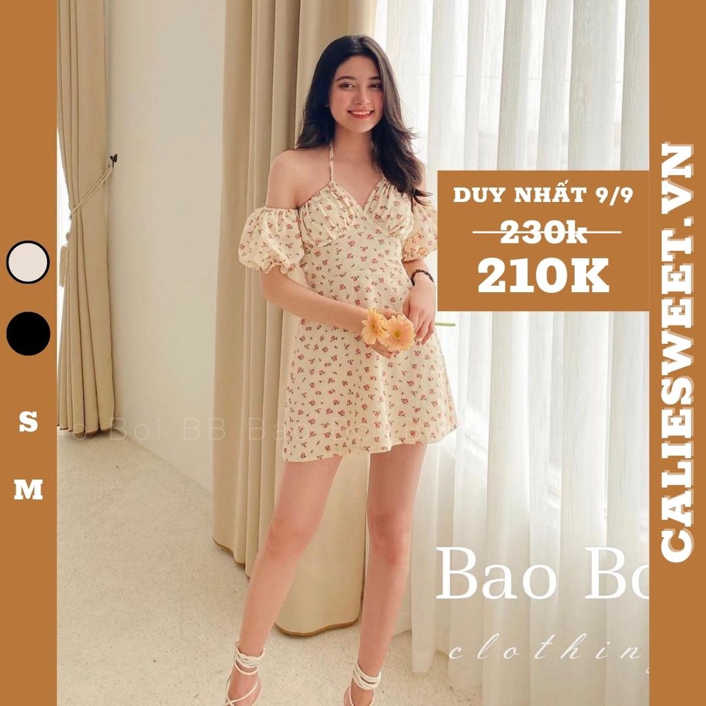 Váy hoa nhí trễ vai Caliesweet váy hở lưng hoa nhí cổ yếm chất thô CLS019