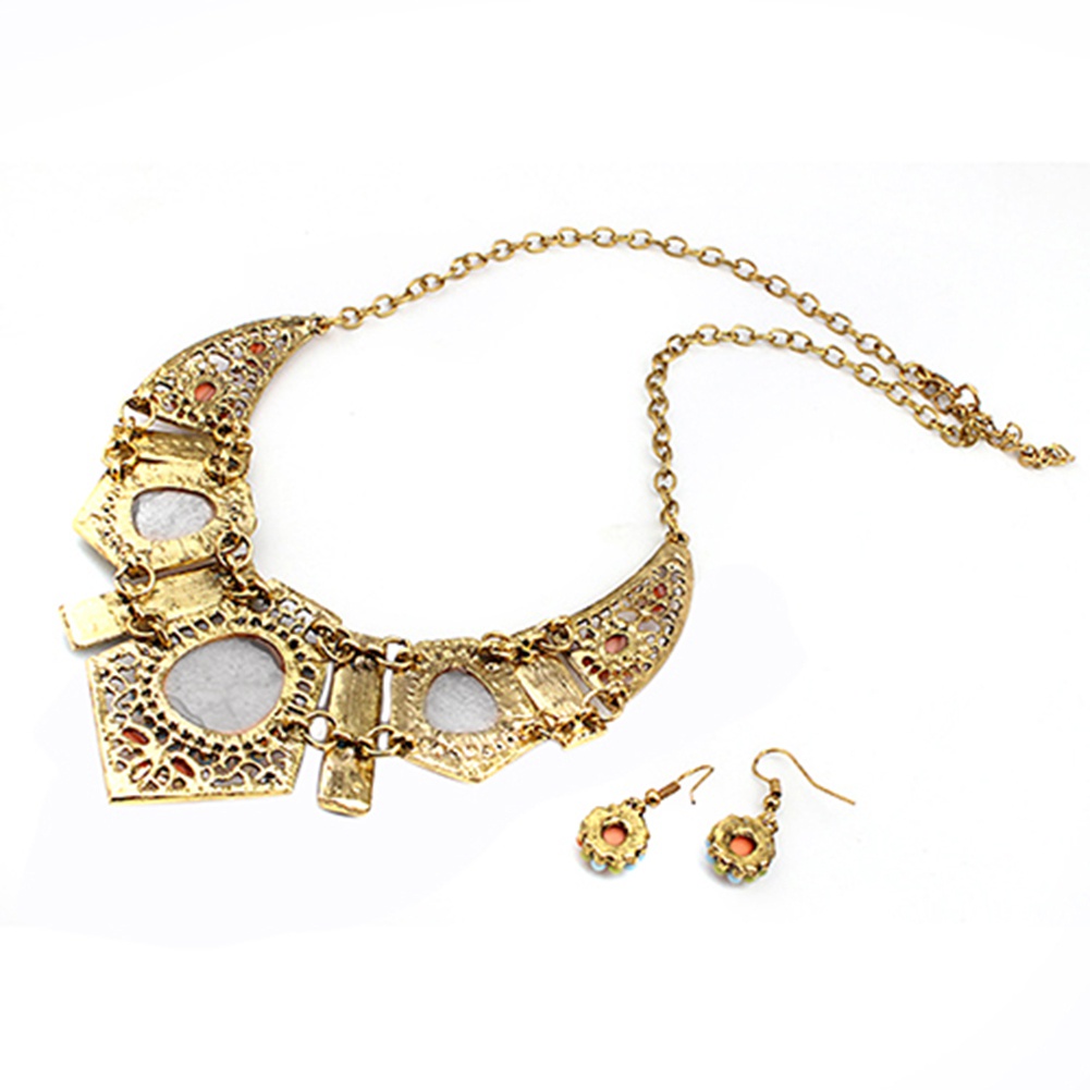 Bộ dây chuyền + bông tai Boho đính đá nhiều màu sắc