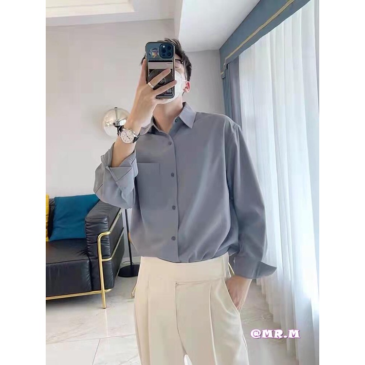 Áo sơ mi lụa chiffon co giãn mịn chống nhăn dáng rộng phong cách Hàn Quốc thời trang unisex