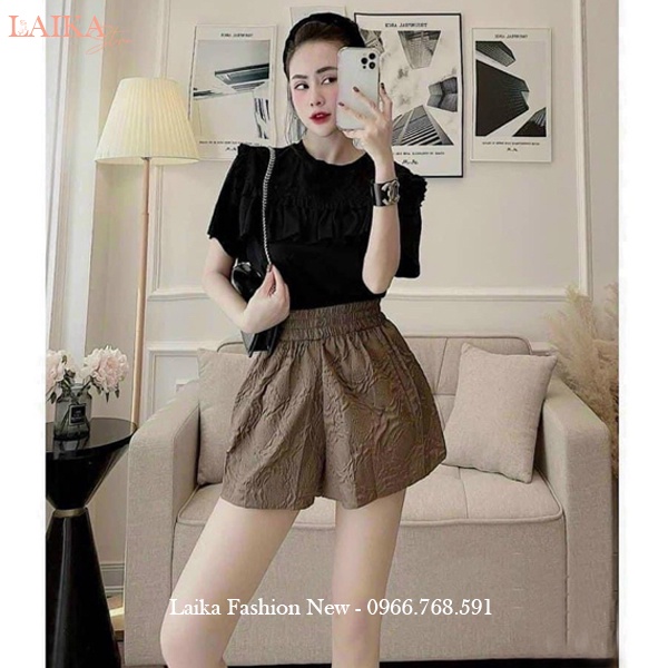 Quần đùi nữ mặc nhà lưng cao cạp chun thun co giãn vải xốp phồng dập nổi 3D hoa hồng dáng quần short nữ ống rộng ở nhà