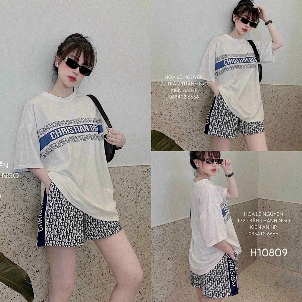 [ Miễn phí ship  2022 ] Set bộ quần dior áo trắng phối chữ, bộ đùi thun hot trend trẻ trung, cá tính