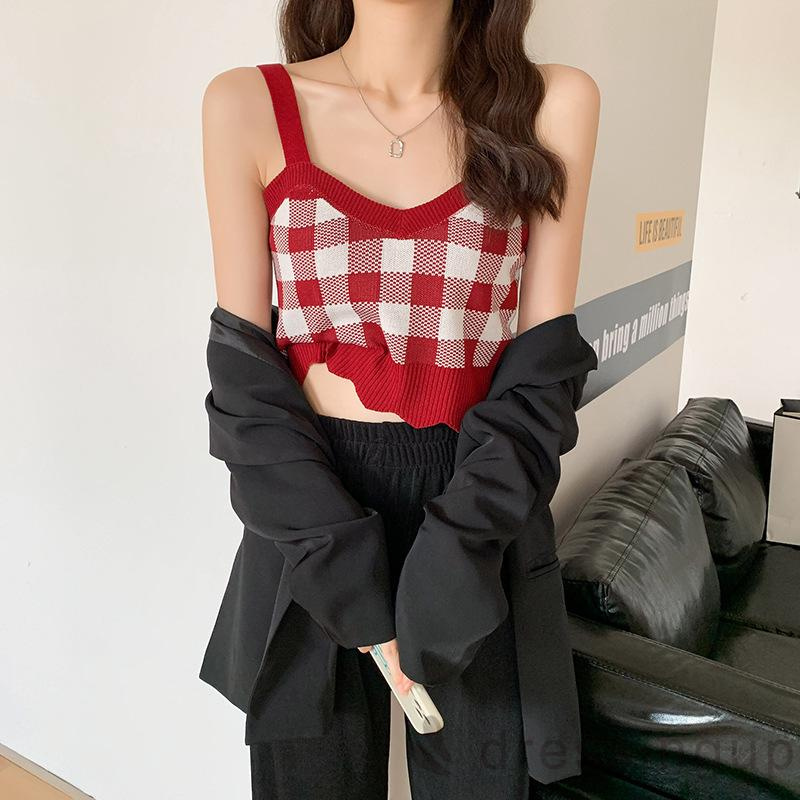 Áo Croptop Dệt Kim Không Tay Cổ Chữ V In Họa Tiết Caro Cổ Điển Dành Cho Bạn Nữ