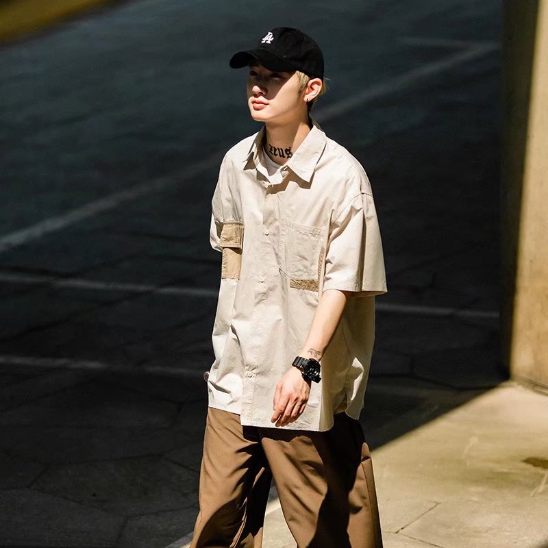 Áo Sơ Mi Kaki Ngắn Tay Phối Túi Màu Sắc Tương Phản Có Túi M-2XL Dễ Phối Đồ Thời Trang Mùa Hè Cho Nam