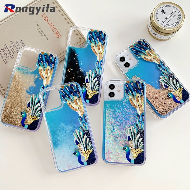 Ốp điện thoại họa tiết lông chim 3d đính kim tuyến nước đẹp mắt thích hợp cho iPhone 12 11 Pro Xs Max Mini XR Xs X