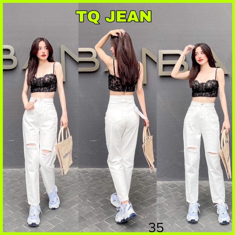 Quần baggy nữ lưng cao màu trắng rách sọc 2 bên chất liệu kaki jean kiểu dáng cá tính TQ JEAN
