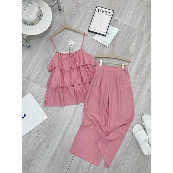 Set bộ đũi áo 2 dây bèo quần dài hồng du lịch sang chảnh