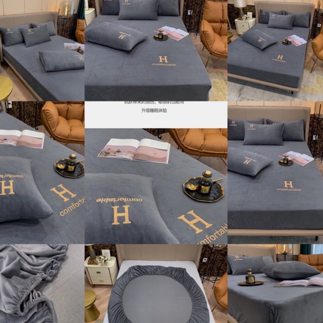 XẢ TOÀN BỘ SÉT 3 món ga gối nỉ nhung mịn thêu chữ h gồm 1 ga và 2 vỏ gối(bo chun hoặc phủ theo size đệm)