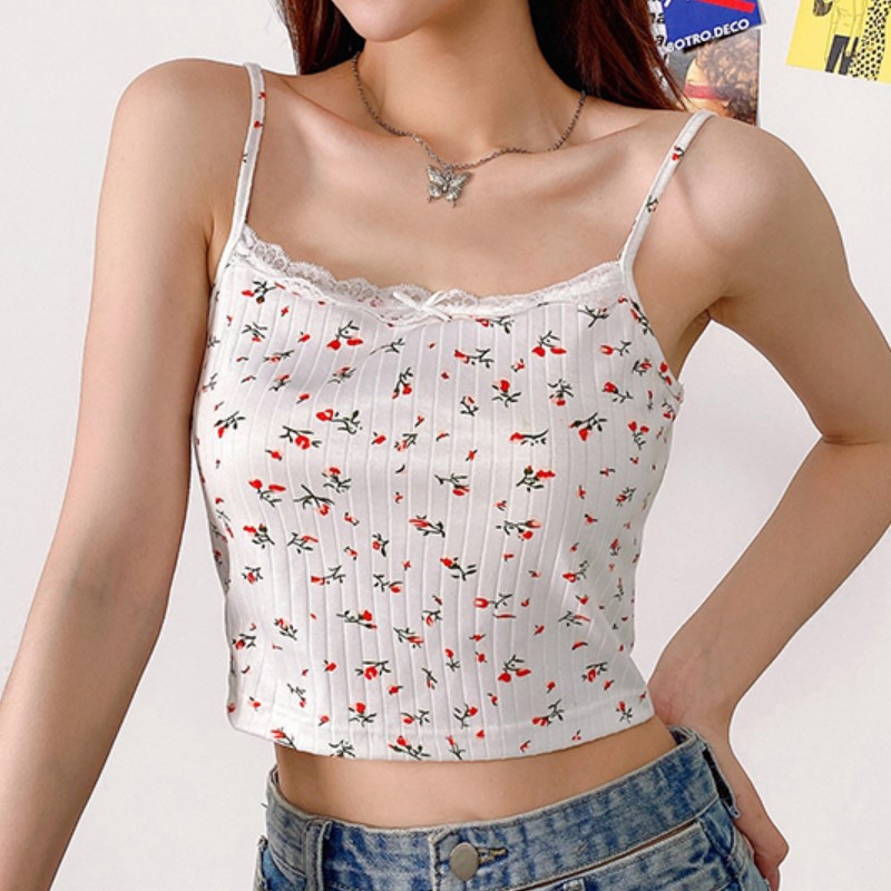 Hoa Nhỏ Dây Đeo Áo Vest Nữ Hàn Quốc Sexy Mỏng Mỏng Ren Áo Ngắn