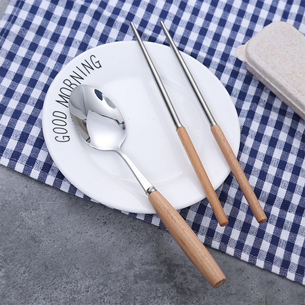 [Tổng Kho Sỉ] Set Đũa - Thìa Cá Nhân Ăn Cơm Trưa Văn Phòng INOX 304 Cán Gỗ T3 - Tặng Hộp Lúa Mạch Cao Cấp