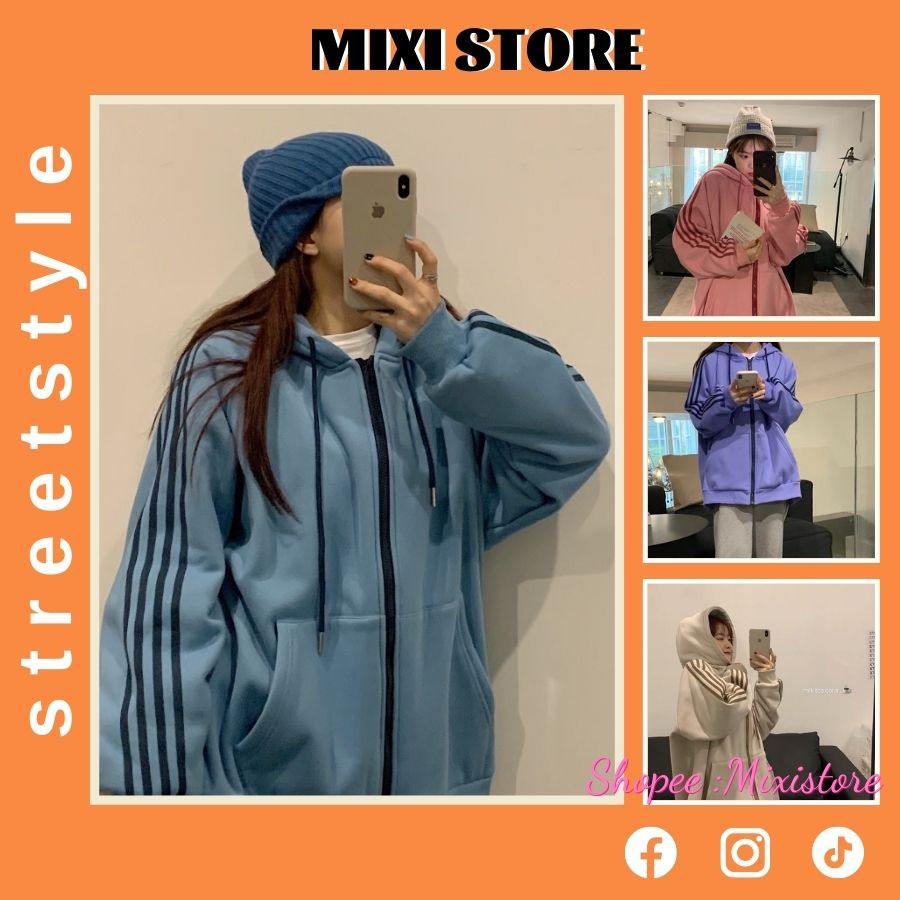 Áo khoác hoodie unisex nỉ bông cotton dưới 85kg - Áo khoác hoodie 4 sọc Mixistore