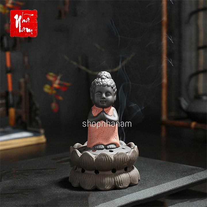 Lư gốm xông trầm hương đỉnh đốt nhang hình phật gốm sứ tử sa tặng 1 nụ trầm hương Linh Tâm