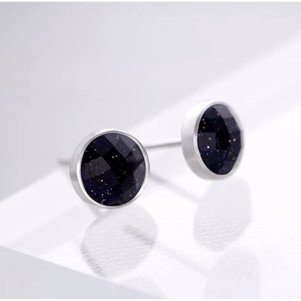 Khuyên tai bạc Tlee tròn, vuông nạm đá đen cắt lục giác lấp lánh -Tleesilver