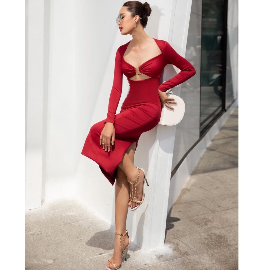 Đầm đi dự tiệc cưới thiết kế ôm body, hở ngực, tay dài sexy - Lux